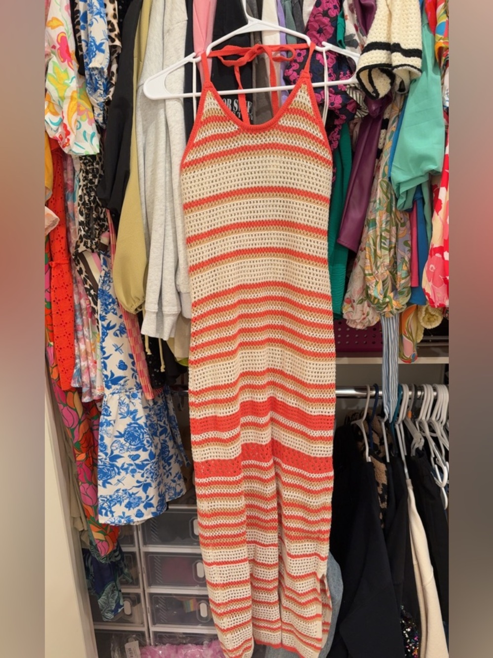 Striped Crochet Halter Maxi Dress in Cream & Coral